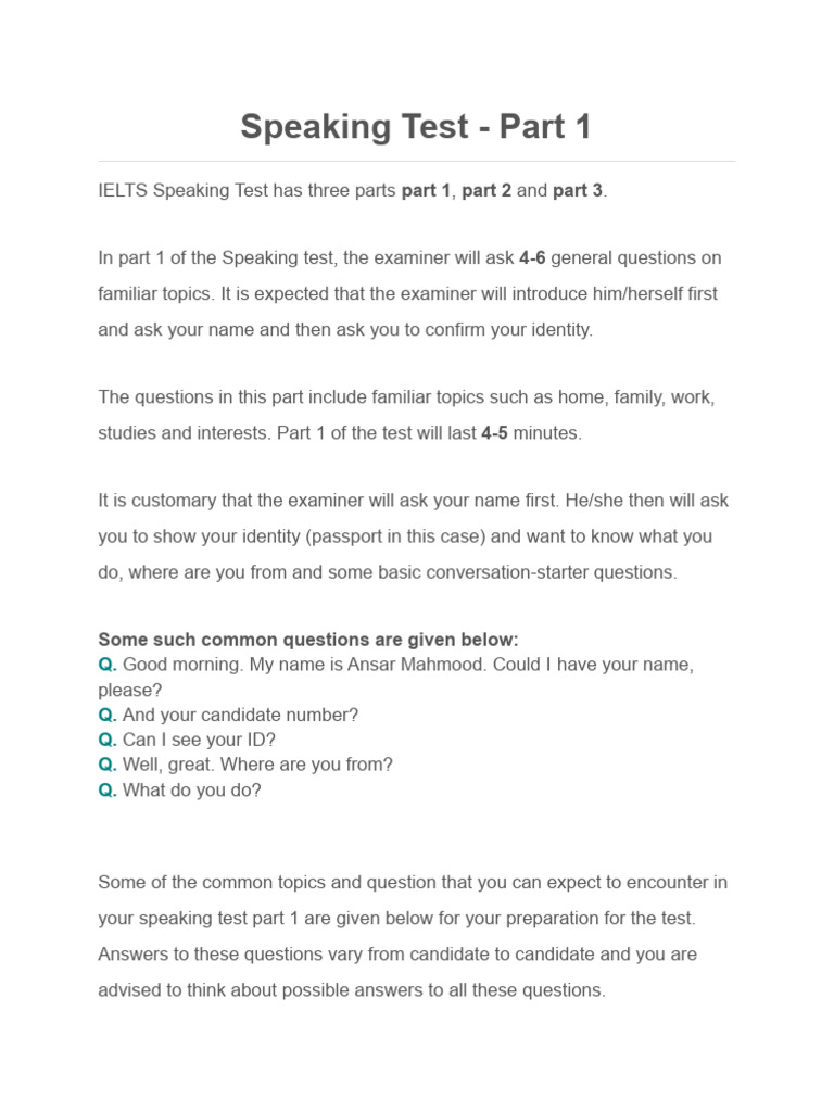IELTS Speaking Test Part 1 Guide | PDF | Restaurants | Gift
