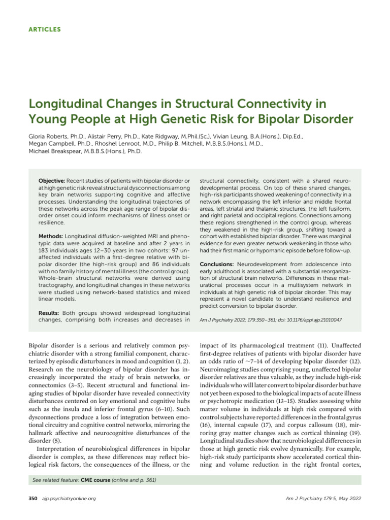 Structural Connectivity Changes in Bipolar Risk | PDF | Bipolar ...