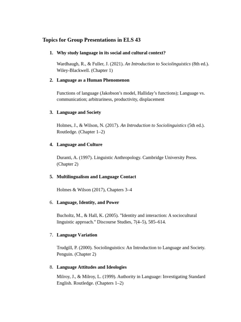 Topics For Group Presentations in ELS 43 2 | PDF