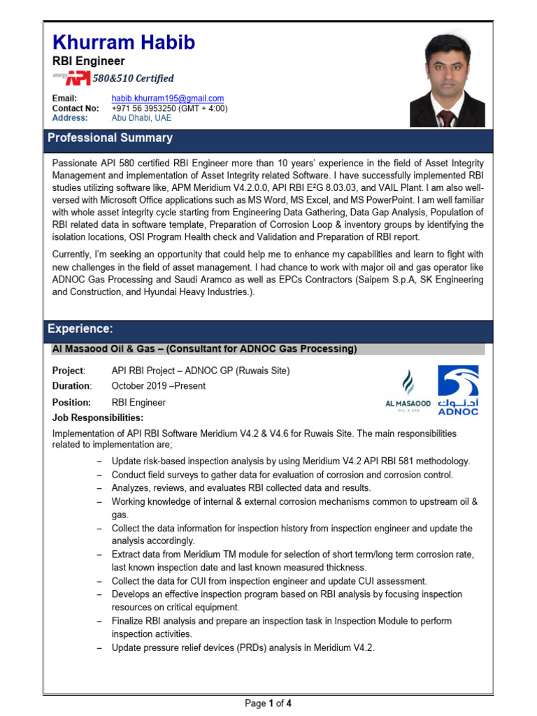 API 580 Certified RBI Engineer Resume | PDF | Risk Management