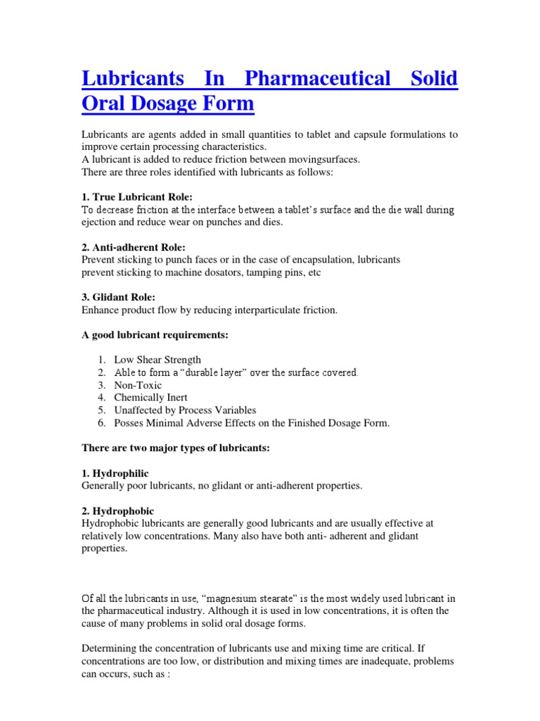 Lubricants in Pharmaceutical Solid Oral Dosage Form Tablet (Pharmacy