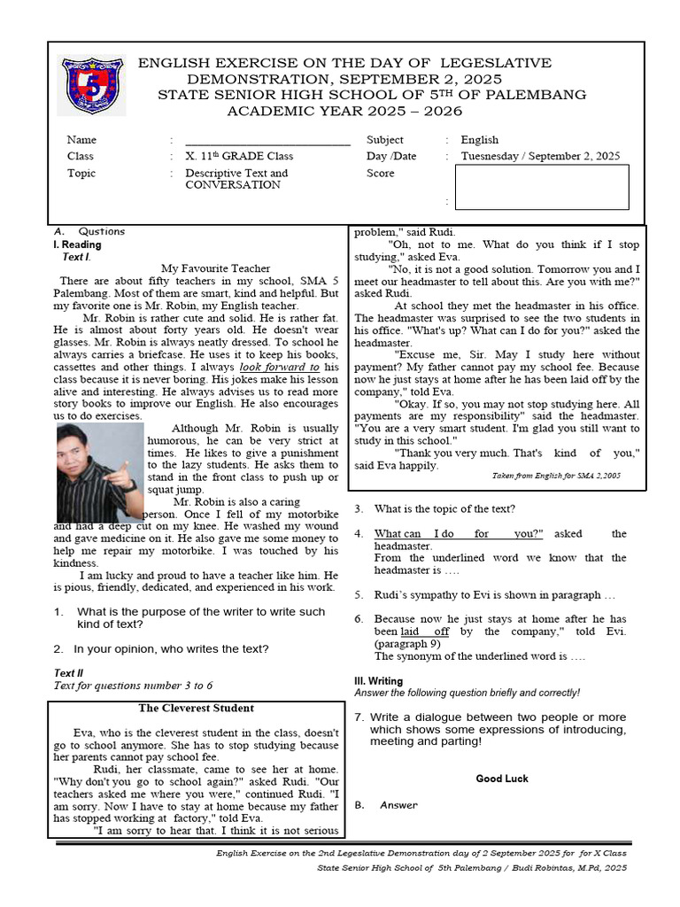 English Exercise for X Class - Sept 2025 | PDF