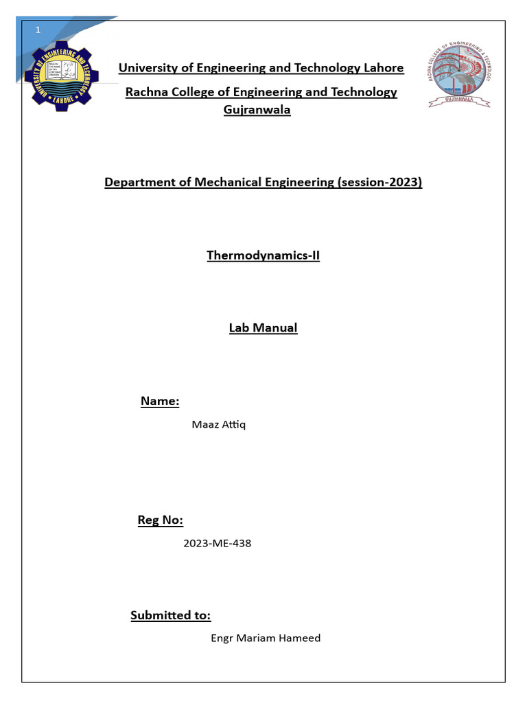 Mechanical Engineering Lab Manual 2023 | PDF | Internal Combustion ...