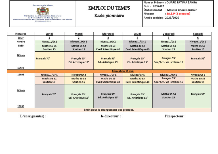 Emploi du temps de l'école Moussa Bnou Noussair | PDF
