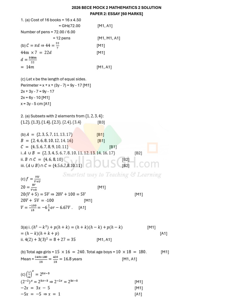 2026 BECE Mock Math Solutions | PDF