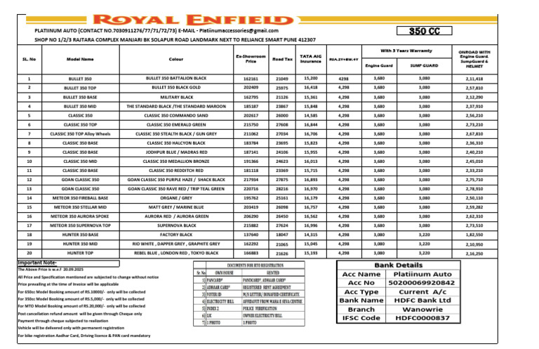 Royal Enfield 350 & 650 Models Pricing | PDF | Land Vehicles | Vehicles