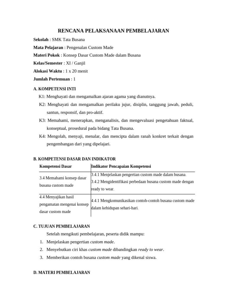RPP Pengenalan Custom Made Busana | PDF