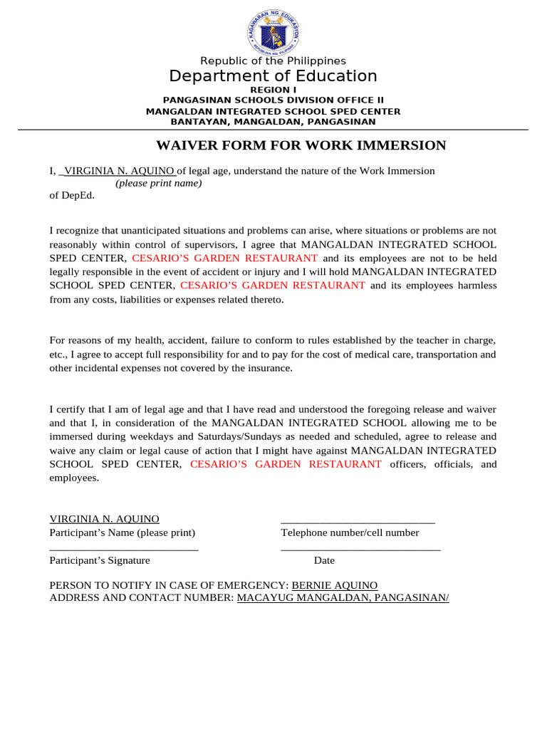 Work Immersion Waiver Form - Mangaldan SPED | PDF