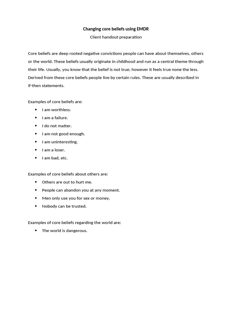 Changing Core Beliefs Using EMDR Client Handout | PDF | Eye Movement ...