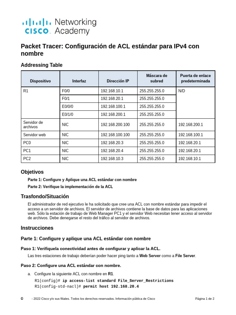 Configuración de ACL estándar en IPv4 | PDF | Dirección IP | Estándares ...