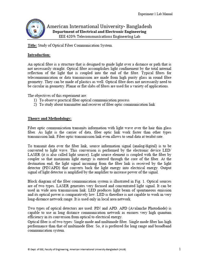 Optical Fiber Communication Lab Manual | PDF | Fiber Optic ...