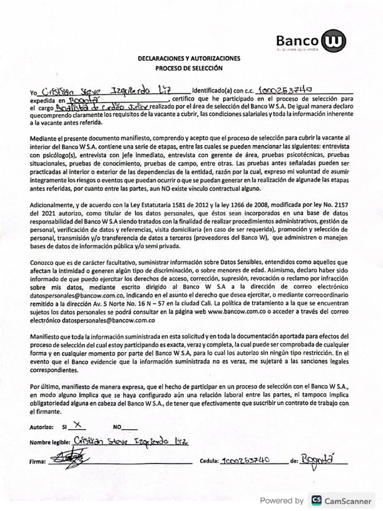 Formato y Documentos Banco W | PDF