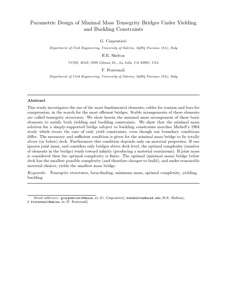Parametric Design of Minimal Mass Tensegrity Bridges Under Yielding and ...
