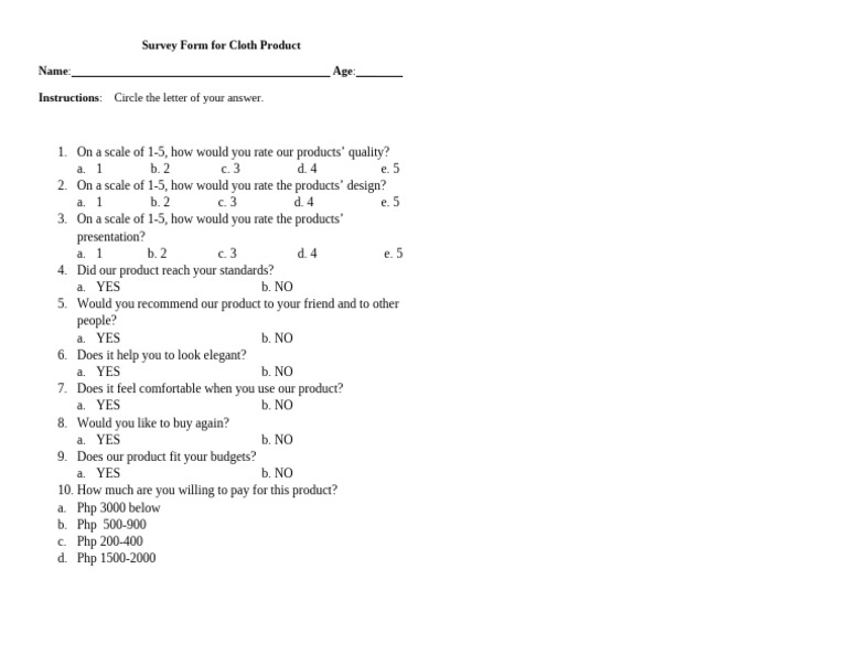 Cloth Product Survey Form | PDF