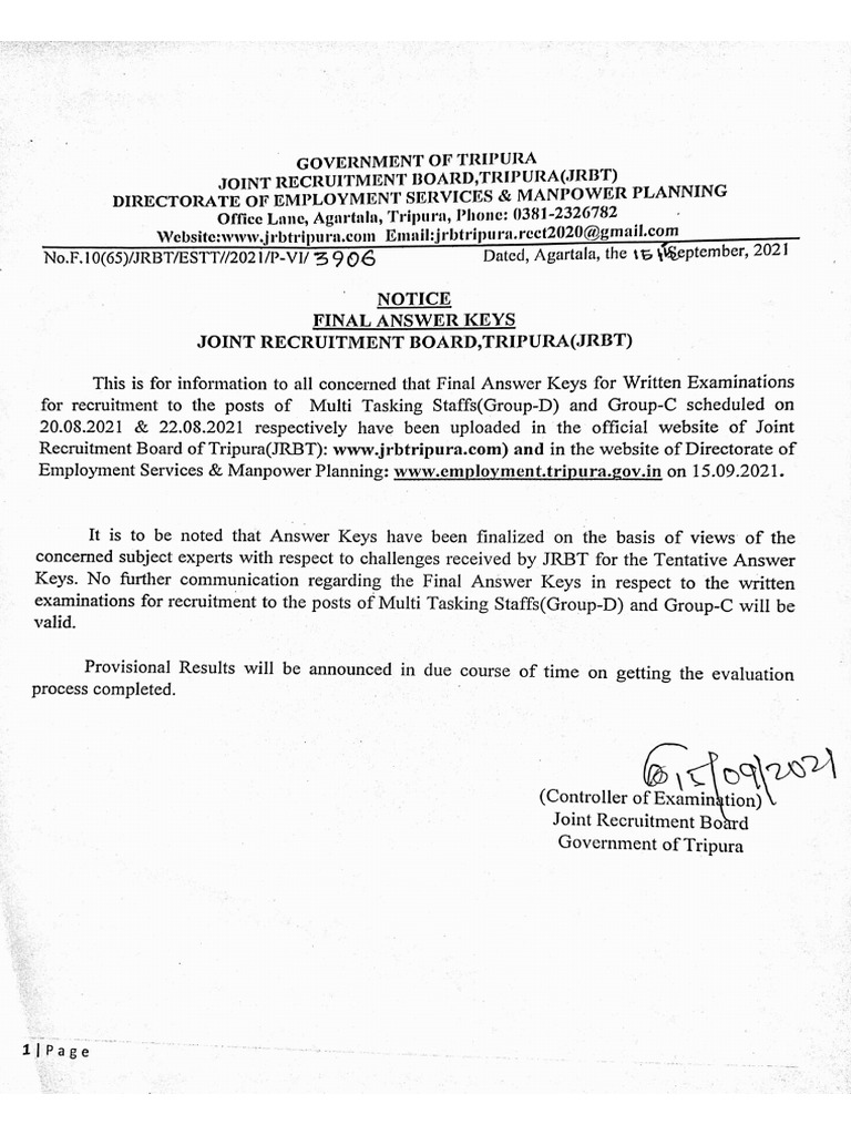 Notice Regarding Final Answer Keys (English) | PDF