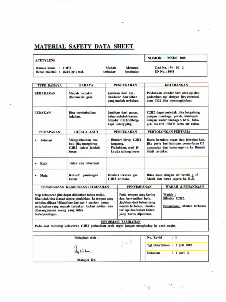 MSDS Gas Asetilena C2H2 dan Bahayanya | PDF
