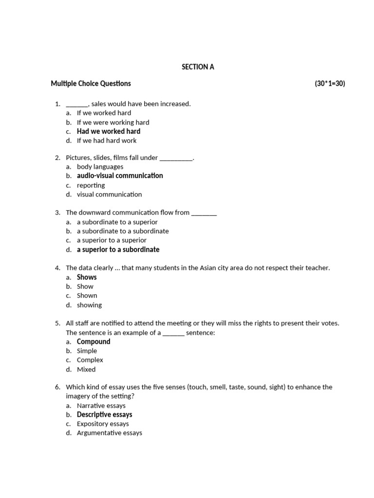 Section A Multiple Choice Questions (30 1 30) | PDF | Reading ...