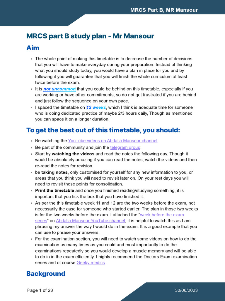 MRCS Part B 12-Week Study Timetable | PDF | Cancer | Thorax