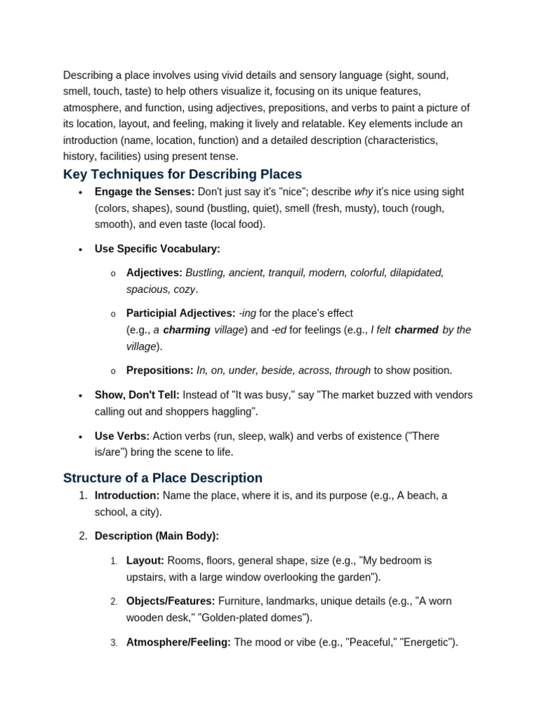 Describing a Place Involves | PDF | Verb | Senses