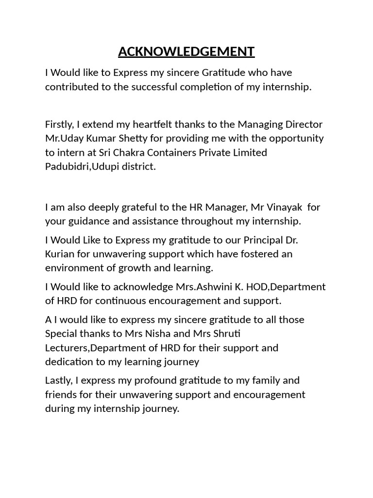 Internship Acknowledgements and Gratitude | PDF