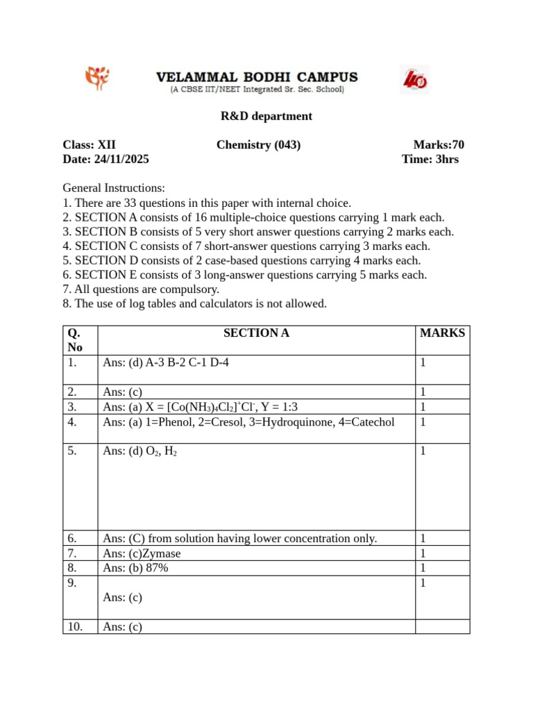 XII -SET A- CHEMISTRY ANSWERKEY | PDF | Chemical Reactions | Amine