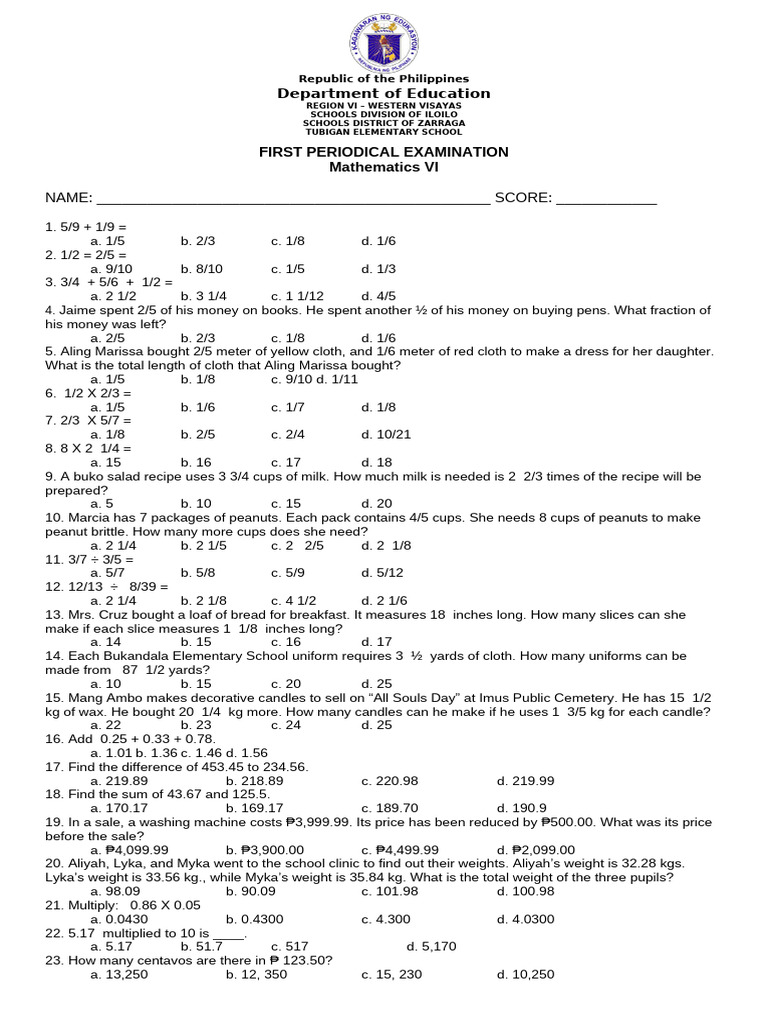 Grade VI Mathematics Exam Questions | PDF | Currency