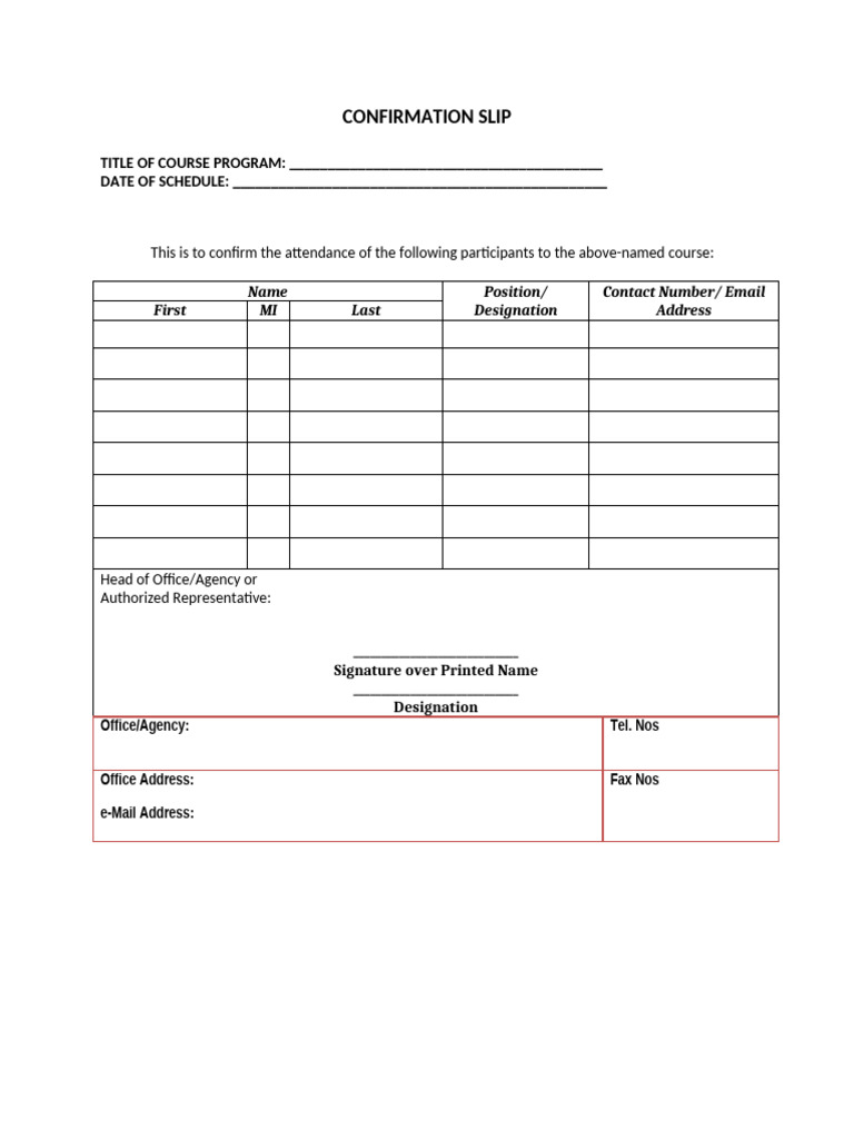 Course Attendance Confirmation Slip | PDF