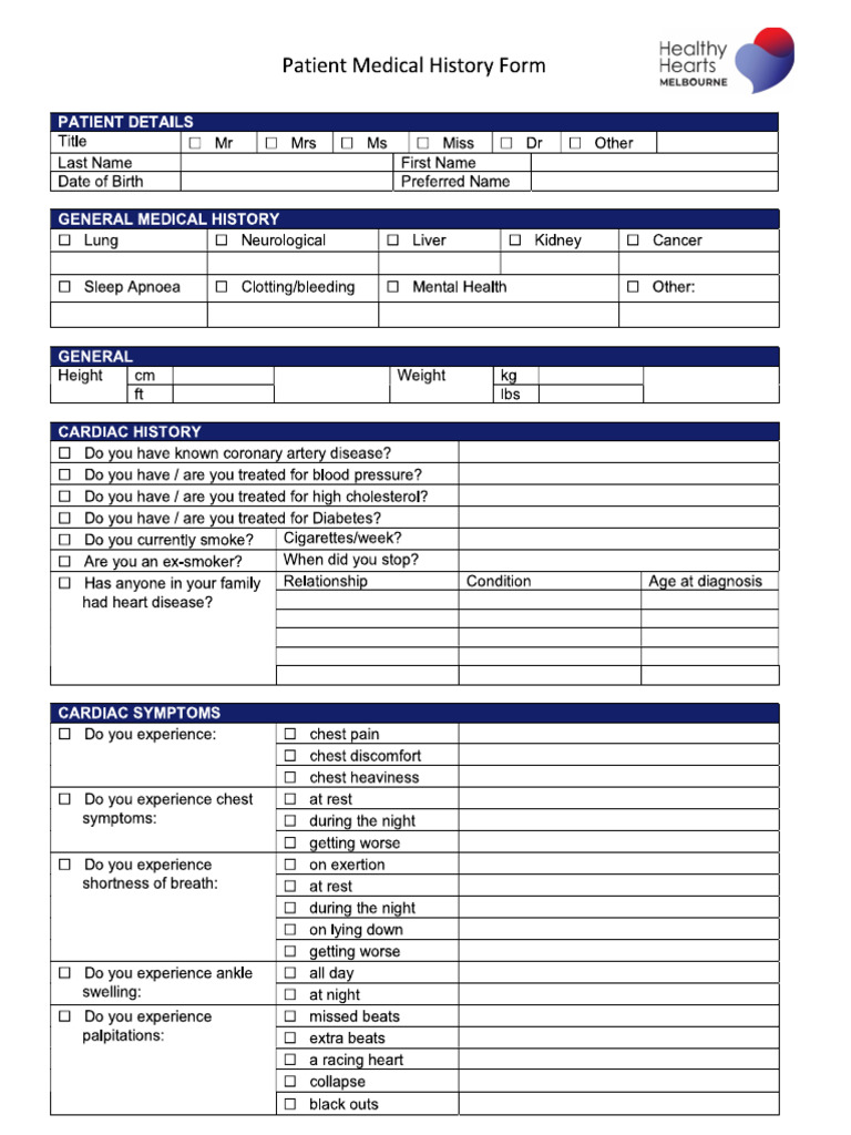 PT Med History Form - Blank | PDF