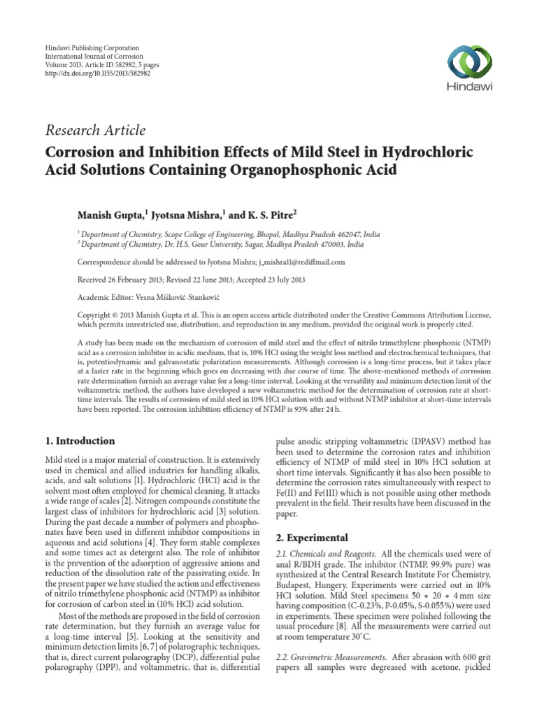 Corrosion Inhibition of Mild Steel by NTMP | PDF | Corrosion ...
