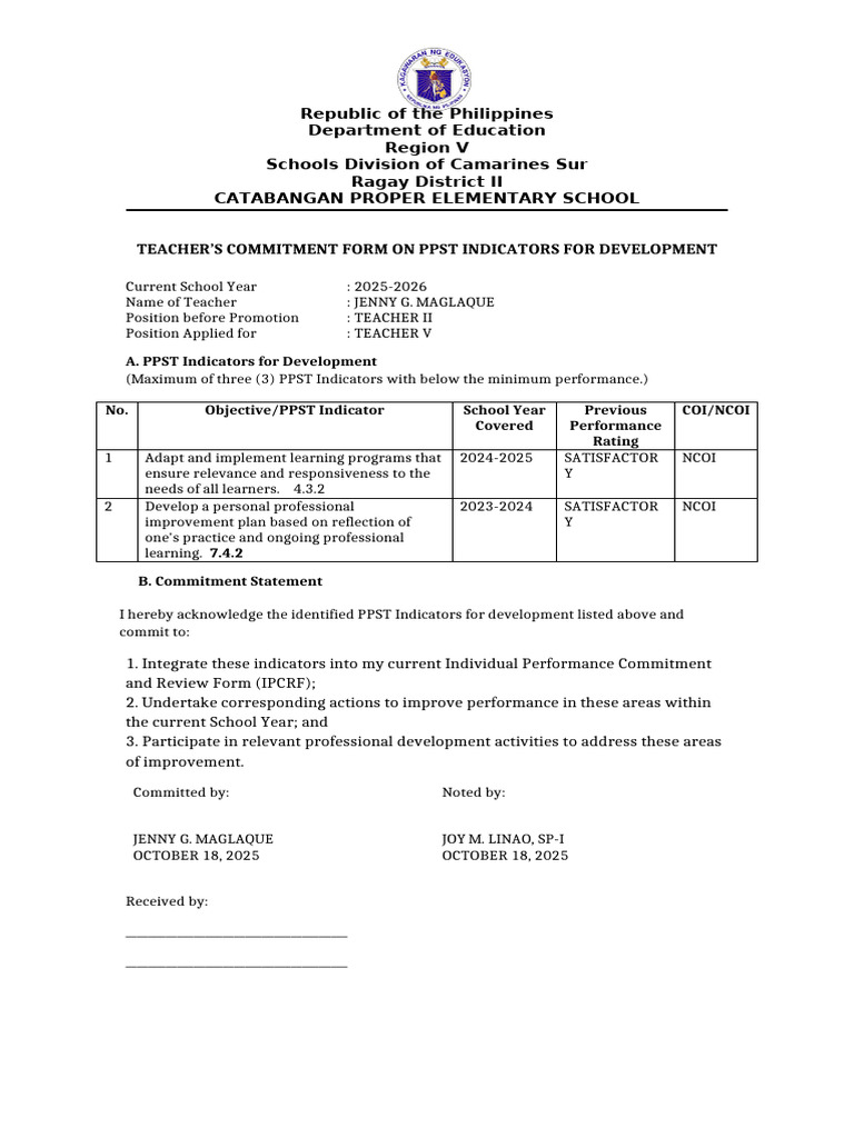 Teacher Commitment Form for PPST Indicators | PDF