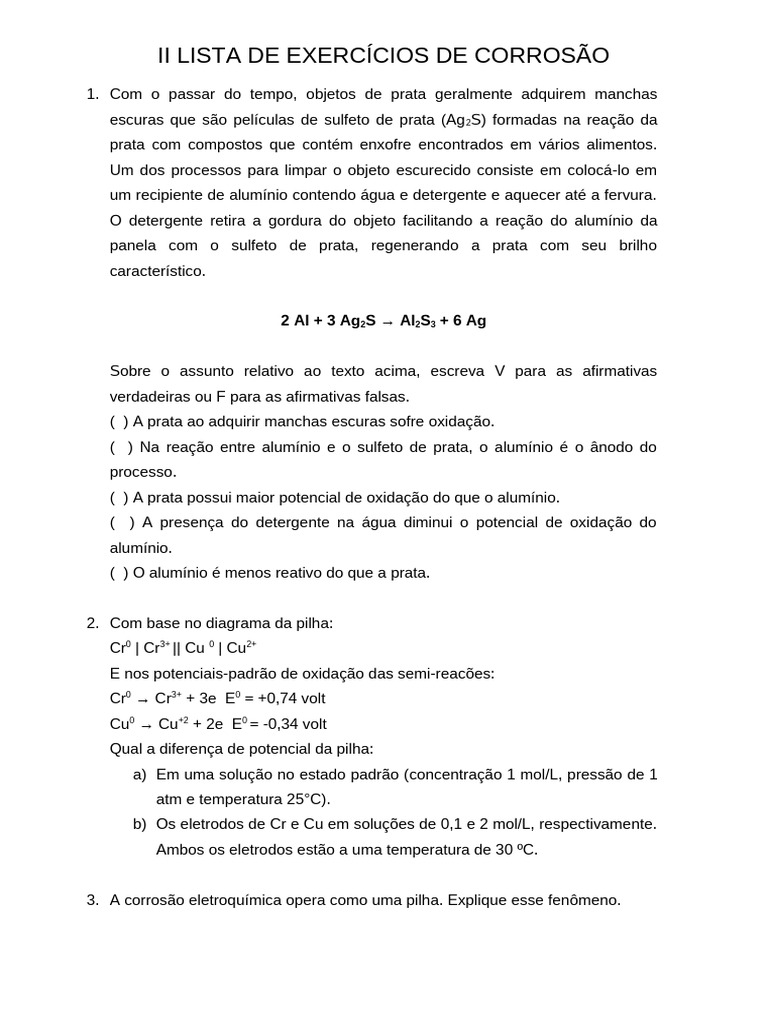 II Lista de Exercícios de Corrosão | PDF | Corrosão | Eletroquímica
