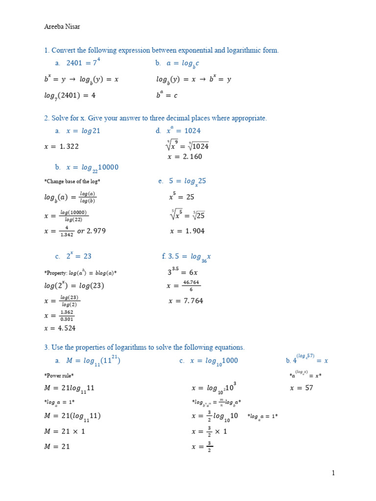 Adv Function Assignment 2 - Areeba | PDF | Logarithm | Exponentiation