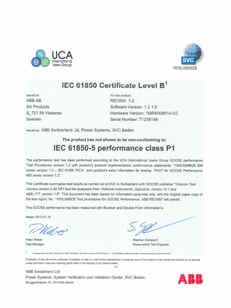 1KHL050038 GOOSE Performance Test Certificat REC650 | PDF