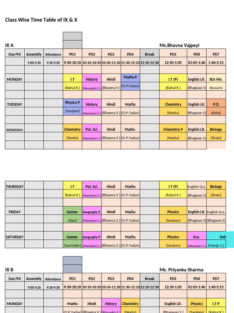 IX & X Class Weekly Time Table | PDF | Natural Sciences | Science
