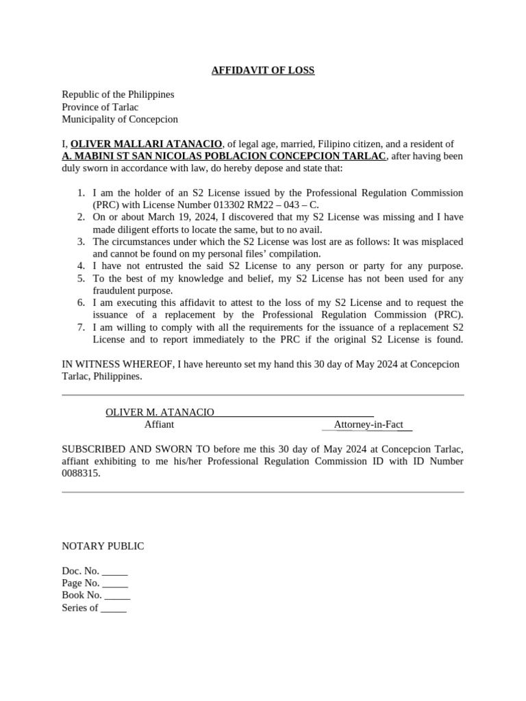 Affidavit of Loss for S2 License | PDF