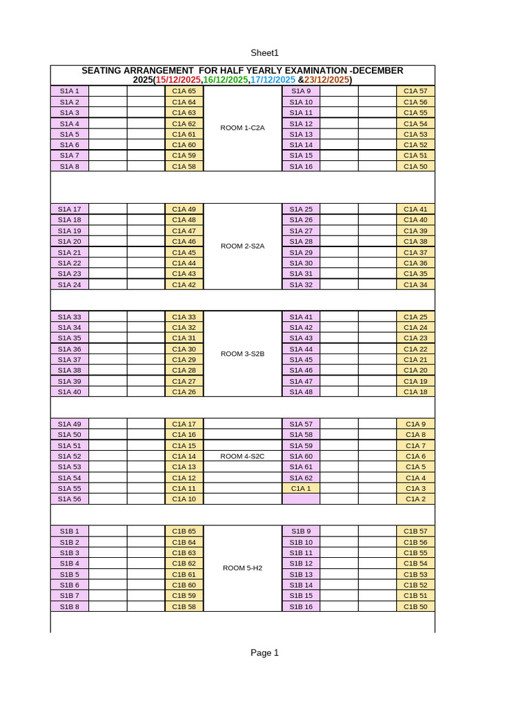 Half-Yearly Exam Seating Plan 2025 | PDF