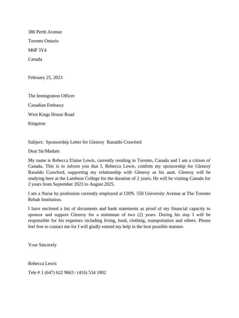 Sponsorship Letter for Glenroy Crawford | PDF