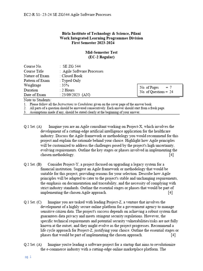 SE ZG544 EC2-R S1!23!14 Midterm Exam Question Paper | PDF | Agile ...