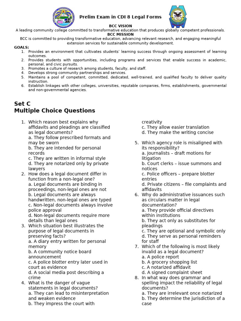 CDI 8 Legal Forms Prelim Exam Guide | PDF | Affidavit | Pleading