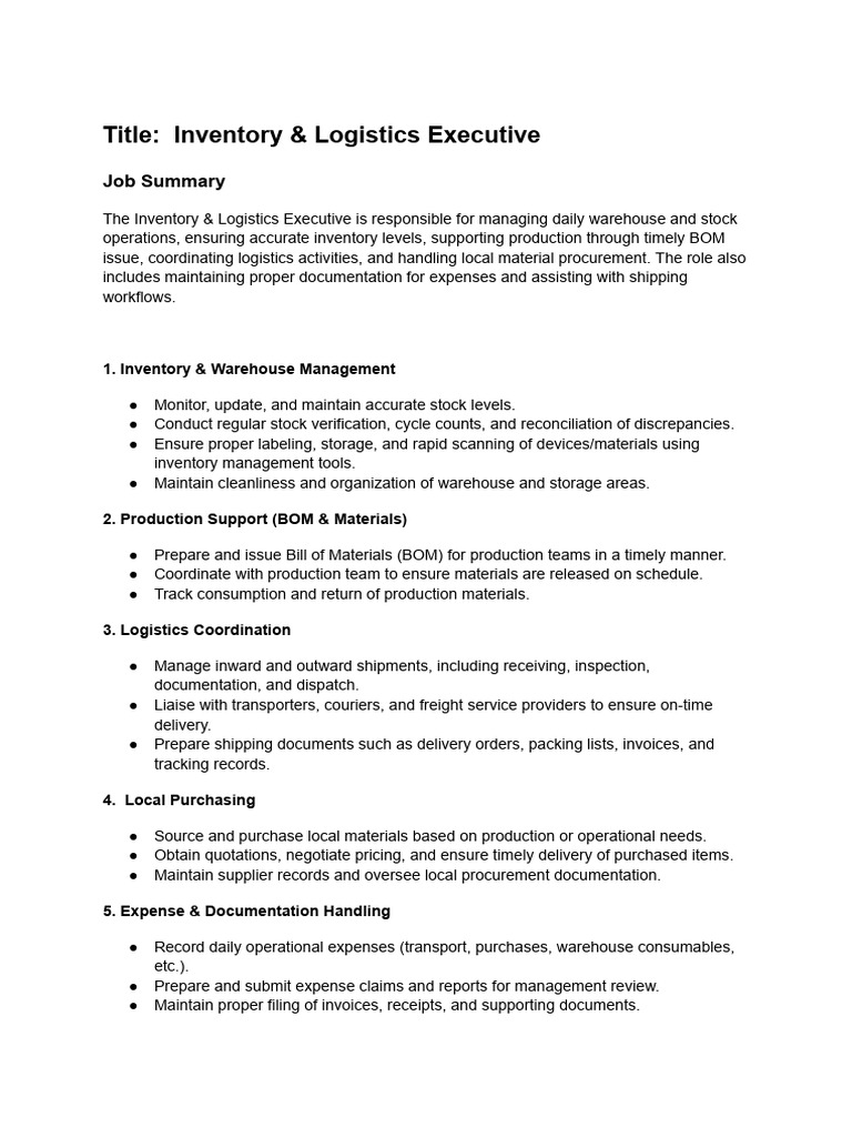 Inventory & Logistics Executive Role | PDF
