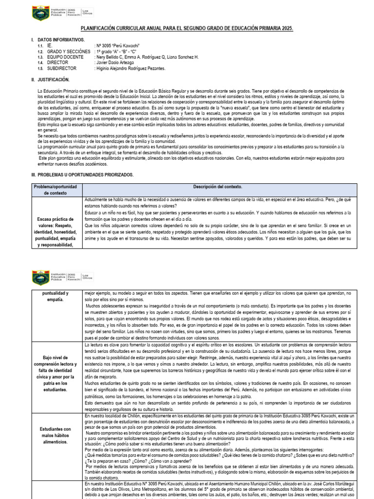 Plan Curricular Anual 2025 Segundo Grado | PDF | Adultos | Aprendizaje