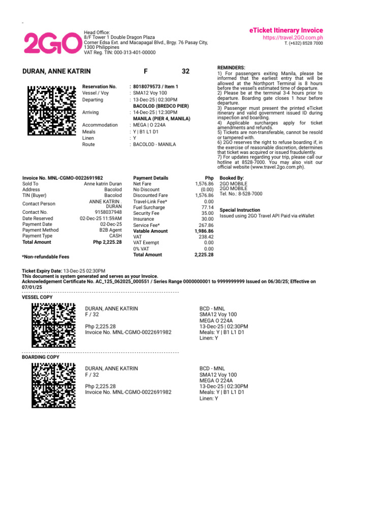 2GO Travel eTicket Itinerary Invoice | PDF | Ticket (Admission) | Fee