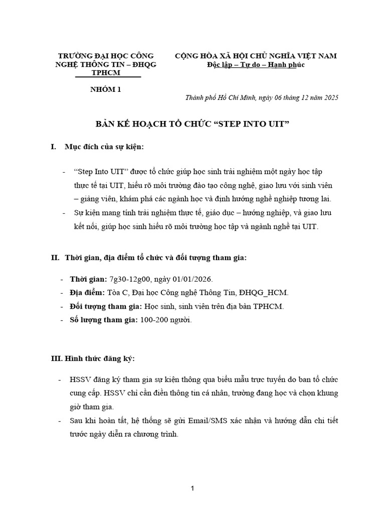 Kế Hoạch Tổ Chức Step Into Uit Final | PDF