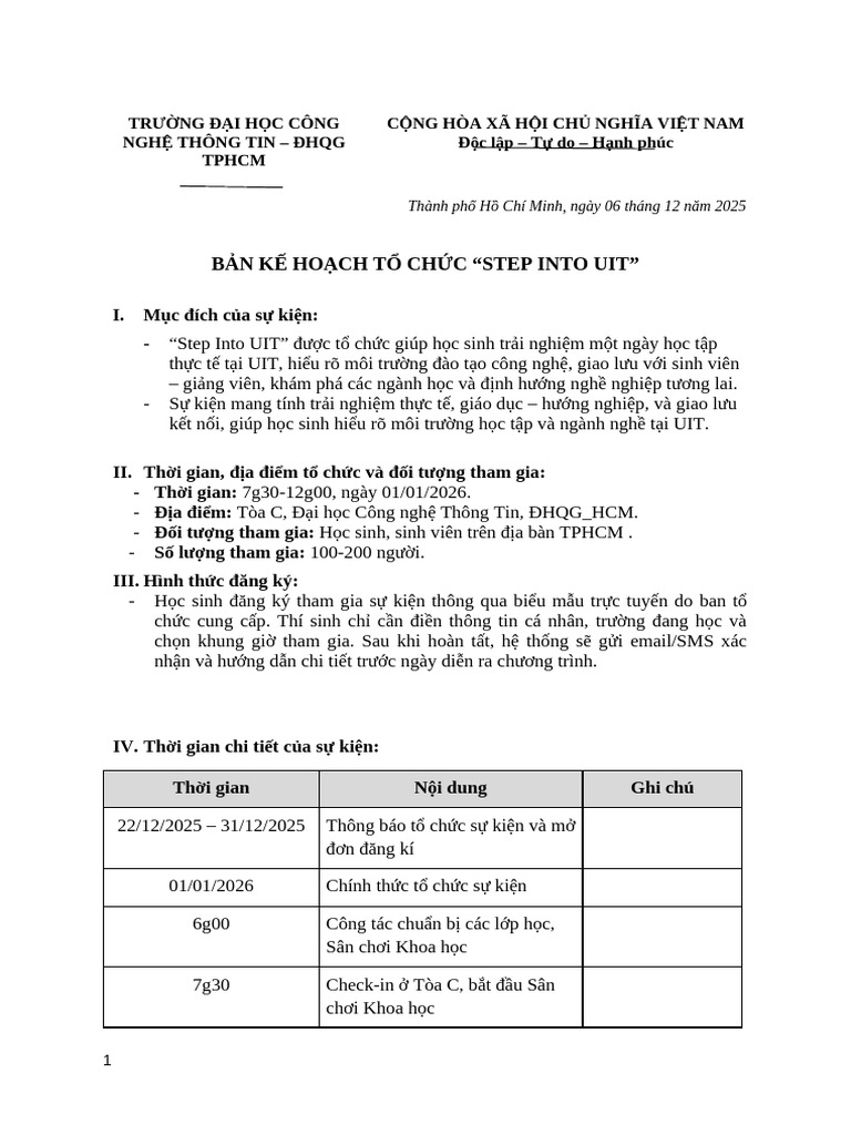 Kế hoạch tổ chức STEP INTO UIT | PDF