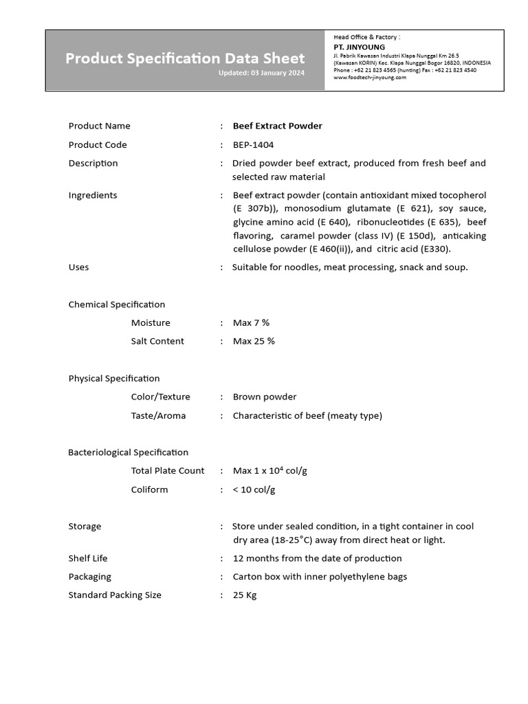 Beef Extract Powder Specification Sheet | PDF