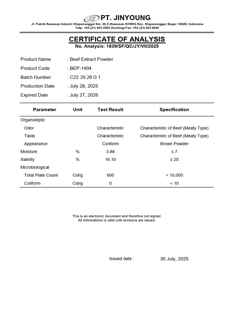 Beef Extract Powder Analysis Certificate | PDF