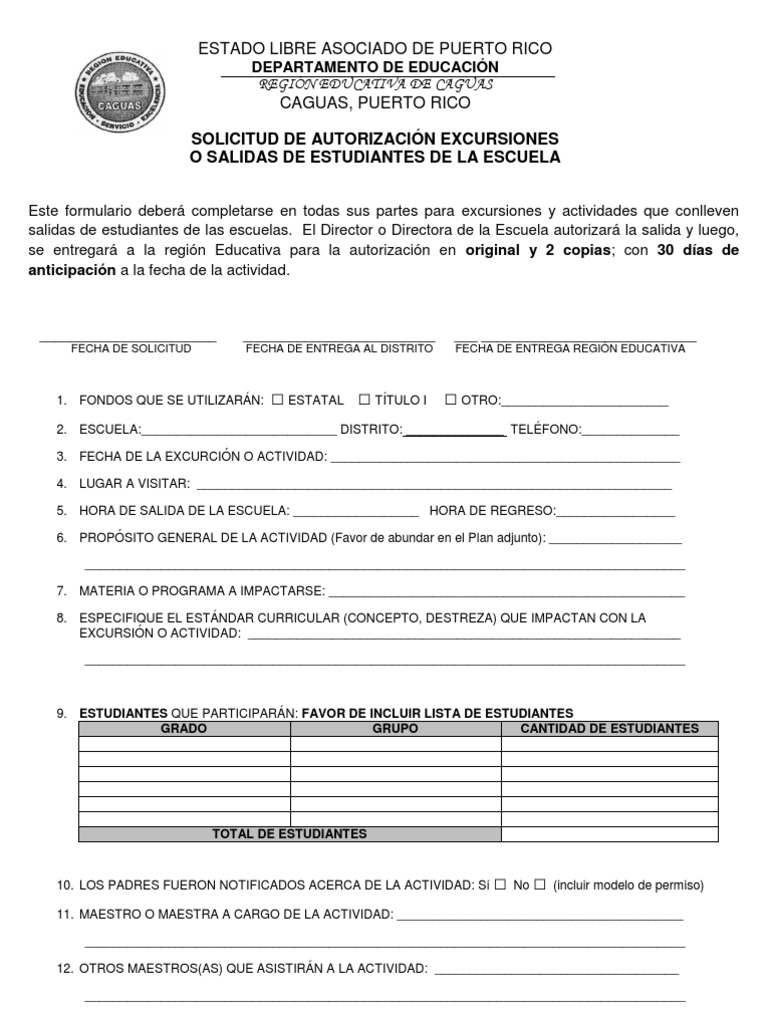 Formulario de Solicitud Para Excursiones