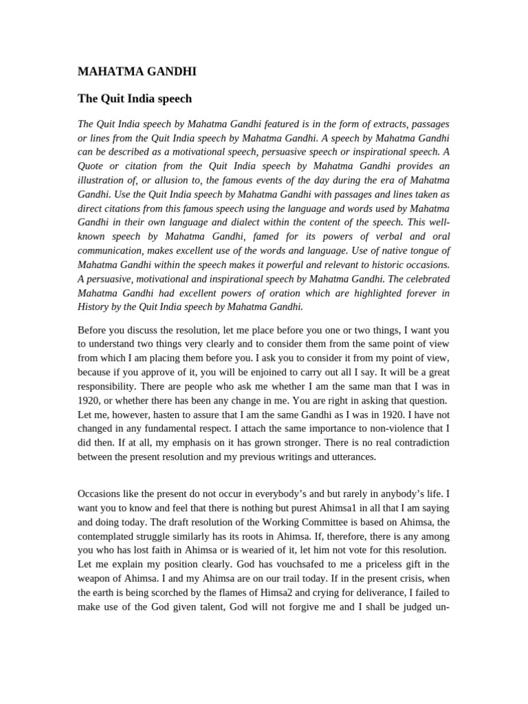 Mahatma Gandhi The Quit India Speech | PDF | Nonviolence | Mahatma Gandhi