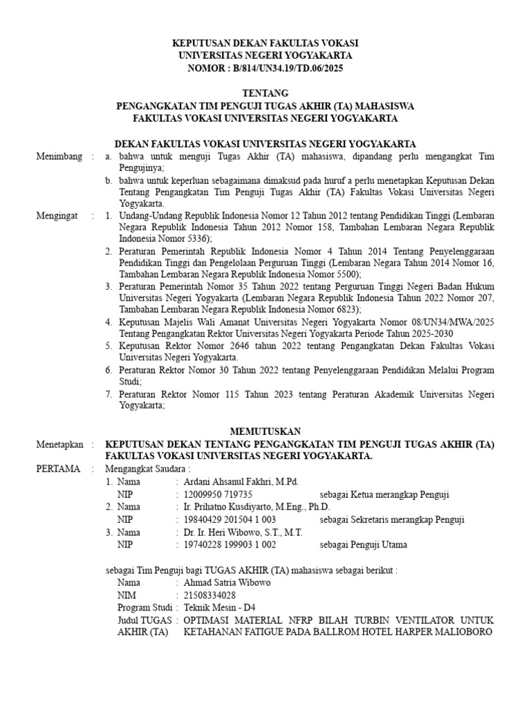 Pengangkatan Tim Penguji Tugas Akhir UNY | PDF