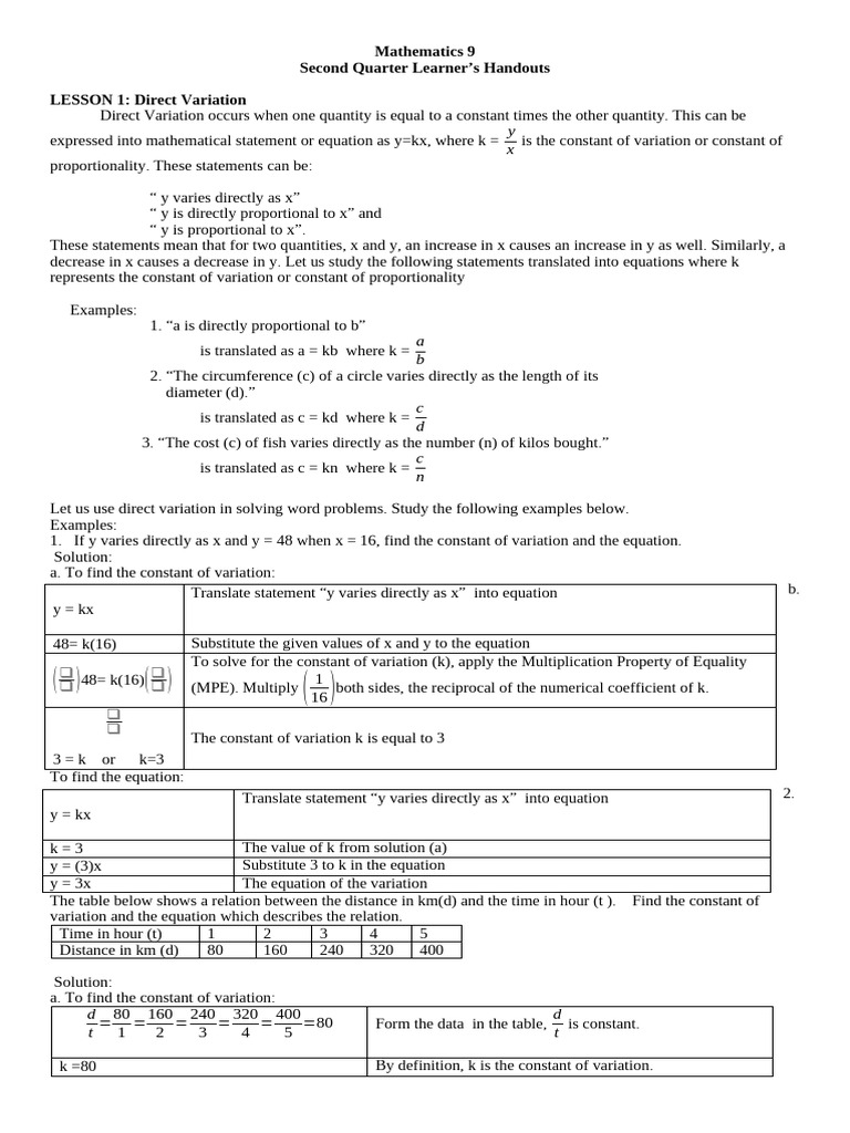 Direct and Inverse Variation Concepts | PDF | Multiplication | Equations